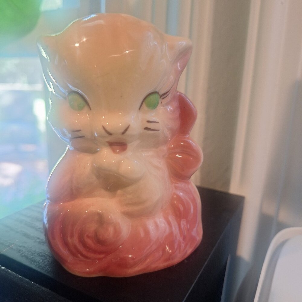 RARE Vintage Porcelain McCoy? Shawnee" Pink Cat Planter Makeup Brush/Pen Holder